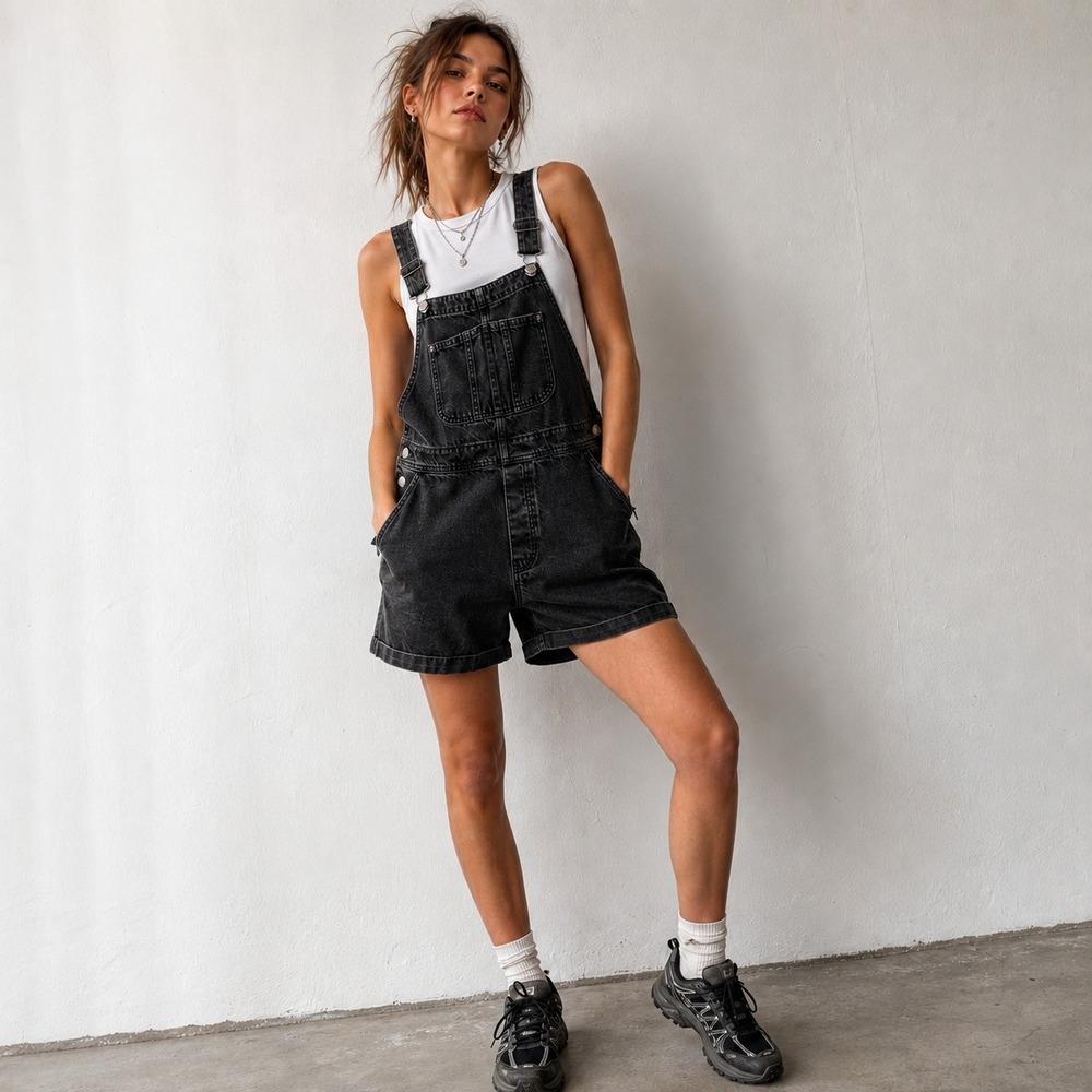 Old Navy Denim Shortalls Womens XL Black Washed Overall Shorts Bib Pockets Y2K